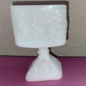 Vintage White Milk Glass Square Pedestal Candy Nut Dish Harvest Grape Pattern
